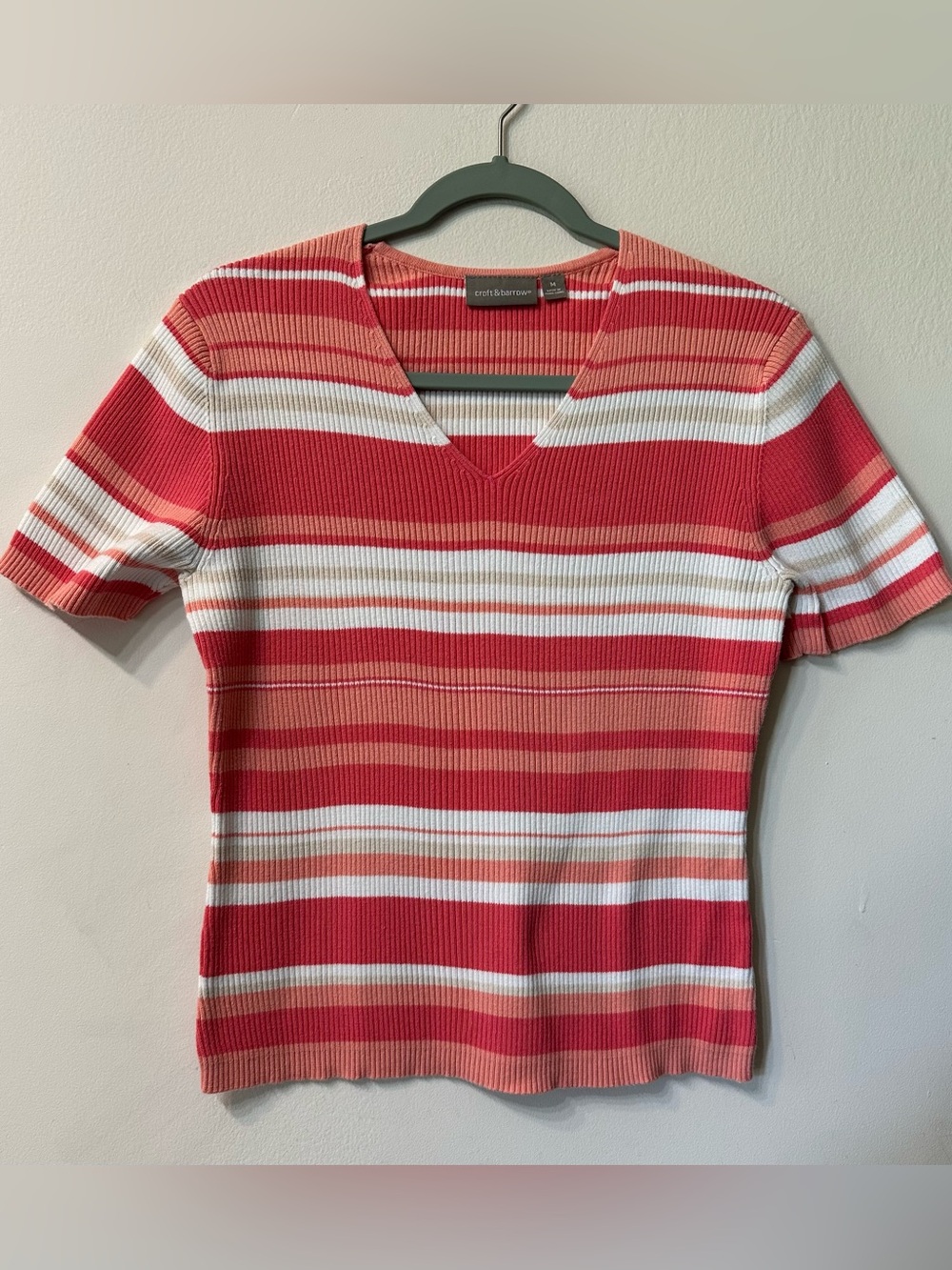 Croft & Barrow Pink/White Striped Rib Knit V-Neck Short Sleeve Top Women's M